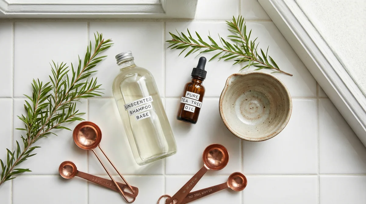 Tea tree oil in glass dropper bottle with fresh green tea tree leaves and branches on white surface
